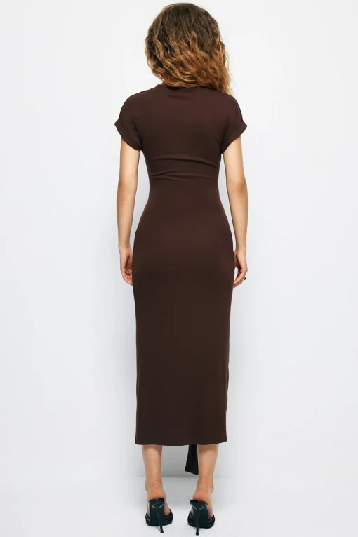 MICAS Midi Dresses-Tie Cut Out Ruched Midi Dress COFFEE