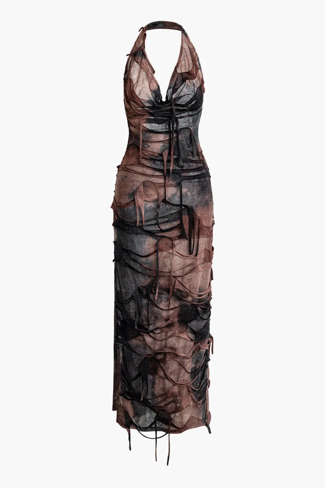 MICAS Maxi Dresses-Tie Dye Distressed Mesh Slit Halter Cowl Neck Maxi Dress BROWN
