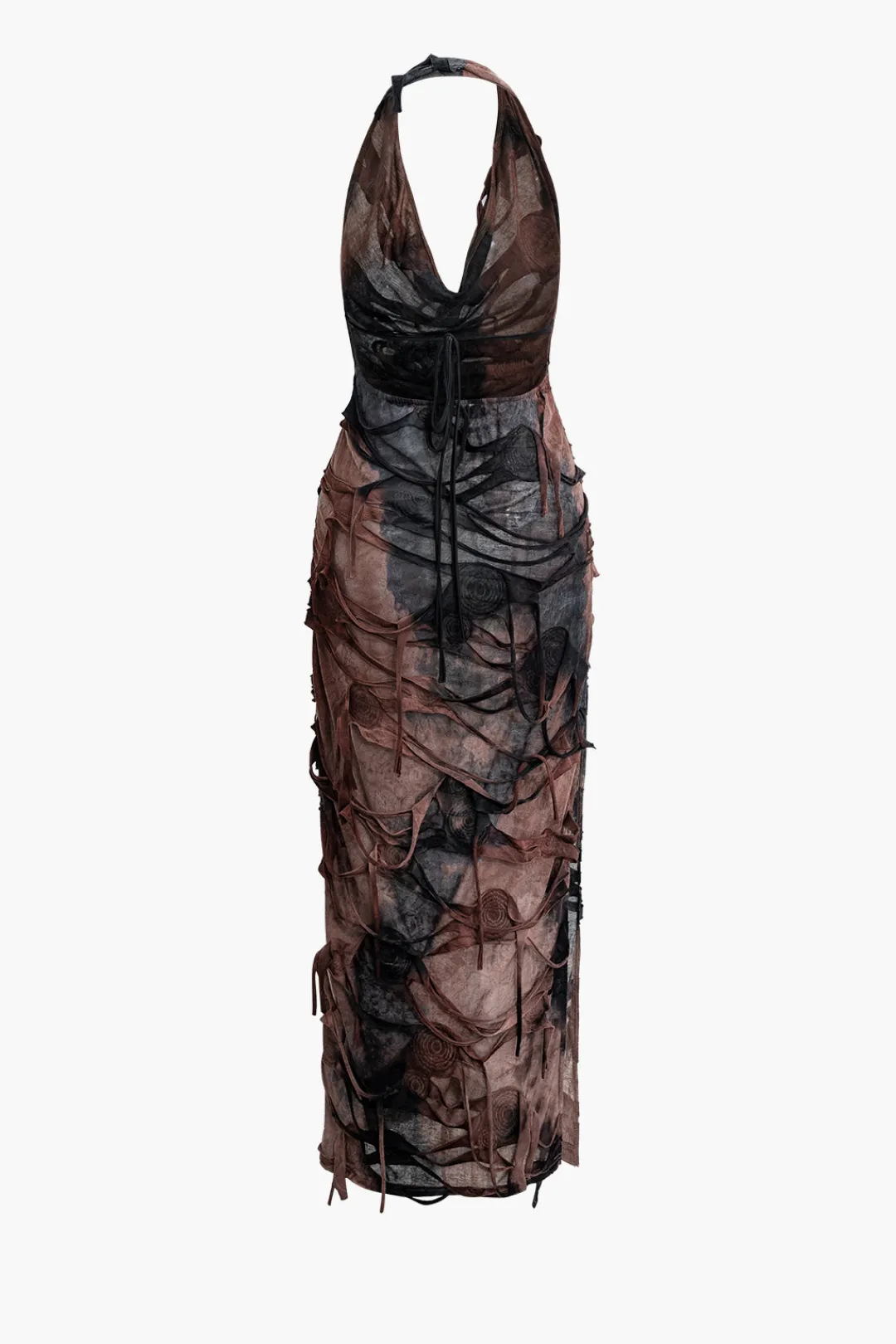 MICAS Maxi Dresses-Tie Dye Distressed Mesh Slit Halter Cowl Neck Maxi Dress BROWN