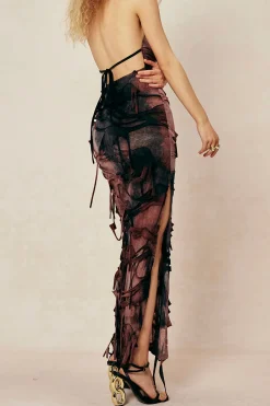 MICAS Maxi Dresses-Tie Dye Distressed Mesh Slit Halter Cowl Neck Maxi Dress BROWN
