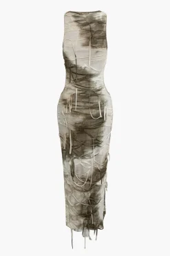MICAS Maxi Dresses-Tie Dye Distressed Sleeveless Cut Out Slit Maxi Dress MULTICOLOR