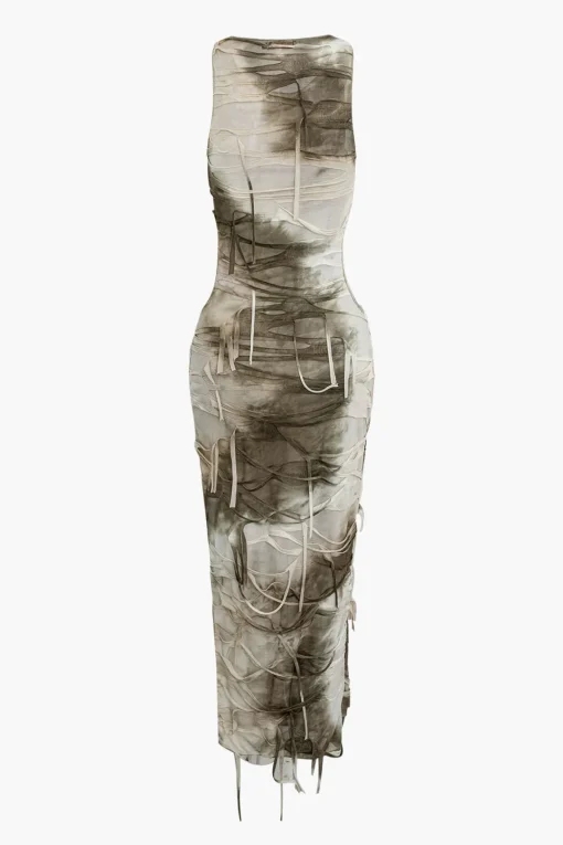 MICAS Maxi Dresses-Tie Dye Distressed Sleeveless Cut Out Slit Maxi Dress MULTICOLOR