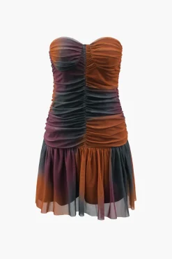 MICAS Mini Dresses-Tie Dye Mesh Ruched Strapless Mini Dress MULTICOLOR