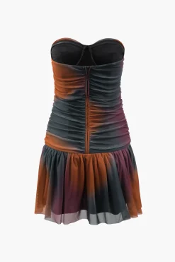 MICAS Mini Dresses-Tie Dye Mesh Ruched Strapless Mini Dress MULTICOLOR