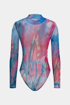 MICAS Bodysuits-Tie Dye Print Mesh Long Sleeve Sheer Bodysuit MULTICOLOR