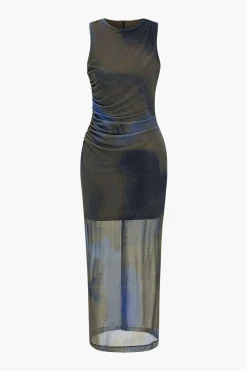 MICAS Midi Dresses-Tie Dye Print Ruched Midi Dress BROWN