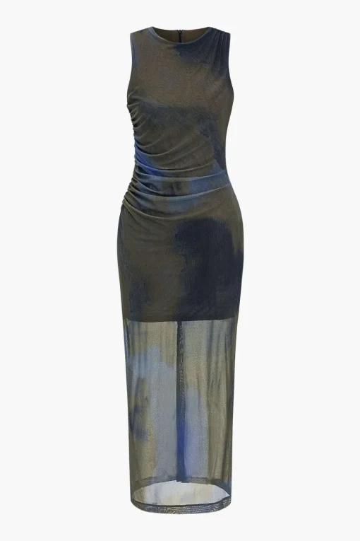 MICAS Midi Dresses-Tie Dye Print Ruched Midi Dress BROWN