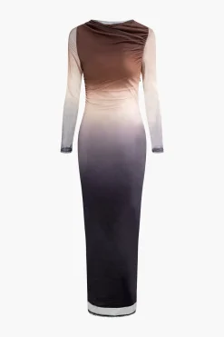 MICAS Long Sleeve Dresses|Maxi Dresses-Tie Dye Ruched Mesh Long Sleeve Maxi Dress MULTICOLOR