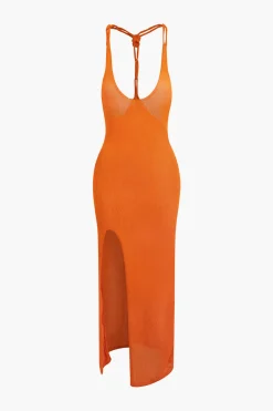 MICAS Knit Dresses-Tie Halter Backless Slit Crochet Knit Midi Dress ORANGE