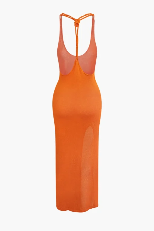 MICAS Knit Dresses-Tie Halter Backless Slit Crochet Knit Midi Dress ORANGE