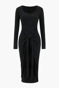 MICAS Long Sleeve Dresses|Midi Dresses-Tie Long Sleeve Midi Dress BLACK