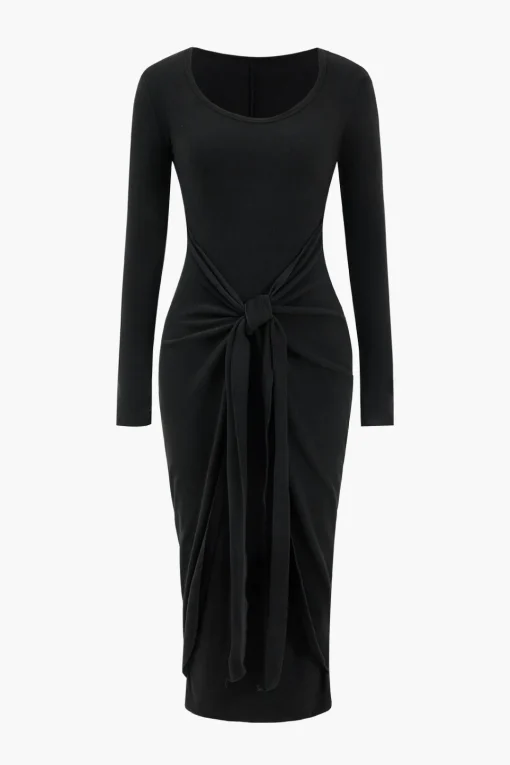 MICAS Long Sleeve Dresses|Midi Dresses-Tie Long Sleeve Midi Dress BLACK