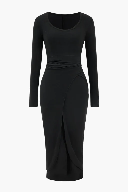 MICAS Long Sleeve Dresses|Midi Dresses-Tie Long Sleeve Midi Dress BLACK