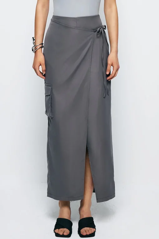 MICAS Skirts-Tie Wrap Split Midi Skirt GRAY