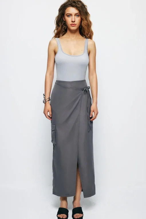 MICAS Skirts-Tie Wrap Split Midi Skirt GRAY