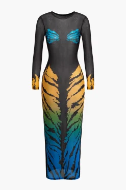 MICAS Long Sleeve Dresses|Midi Dresses-Tiger Print Mesh Sheer Round Neck Midi Dress BLACK