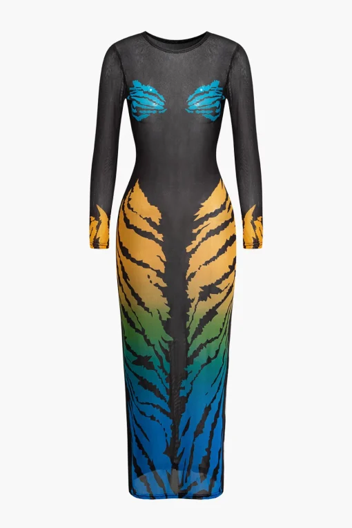 MICAS Long Sleeve Dresses|Midi Dresses-Tiger Print Mesh Sheer Round Neck Midi Dress BLACK
