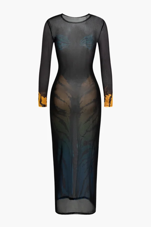 MICAS Long Sleeve Dresses|Midi Dresses-Tiger Print Mesh Sheer Round Neck Midi Dress BLACK