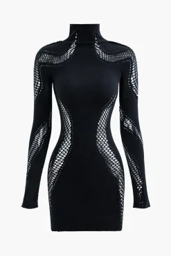 MICAS Long Sleeve Dresses|Mini Dresses-Turtleneck Cut Out Long Sleeve Mini Dress BLACK