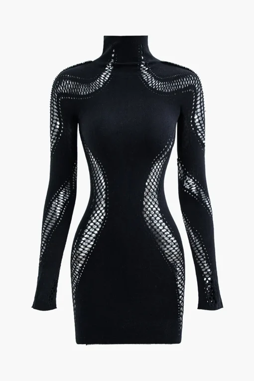 MICAS Long Sleeve Dresses|Mini Dresses-Turtleneck Cut Out Long Sleeve Mini Dress BLACK