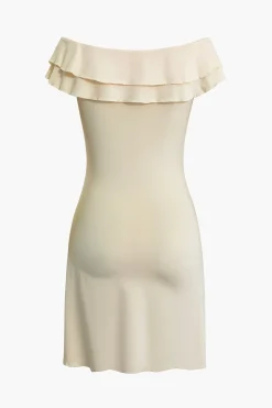 MICAS Mini Dresses-Twisted V-Neck Scallop Edge Mini Dress BEIGE