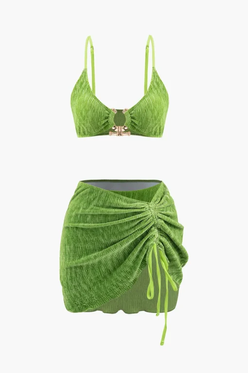 MICAS Swimwear|Vacation Sets-Velvet Textured U-ring Bikini And Sarong 3pc Set