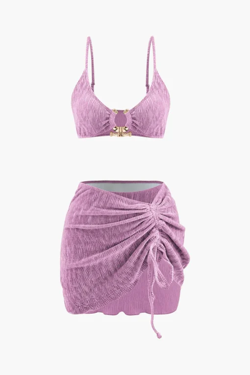 MICAS Swimwear|Vacation Sets-Velvet Textured U-ring Bikini And Sarong 3pc Set