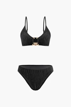 MICAS Swimwear|Vacation Sets-Velvet Textured U-ring Bikini And Sarong 3pc Set