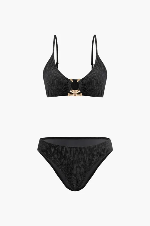 MICAS Swimwear|Vacation Sets-Velvet Textured U-ring Bikini And Sarong 3pc Set