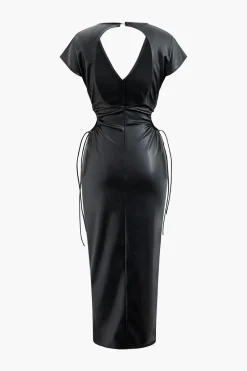 MICAS Maxi Dresses-V-neck Faux Leather Cut Out Drawstring Midi Dress BLACK