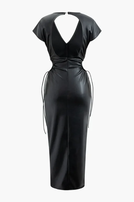 MICAS Maxi Dresses-V-neck Faux Leather Cut Out Drawstring Midi Dress BLACK