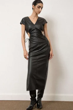 MICAS Maxi Dresses-V-neck Faux Leather Cut Out Drawstring Midi Dress BLACK