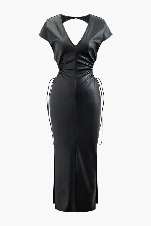 MICAS Maxi Dresses-V-neck Faux Leather Cut Out Drawstring Midi Dress BLACK