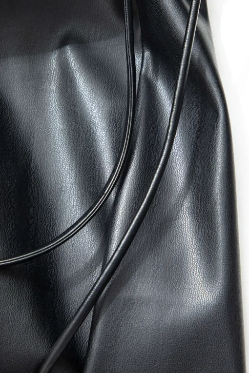 MICAS Maxi Dresses-V-neck Faux Leather Cut Out Drawstring Midi Dress BLACK