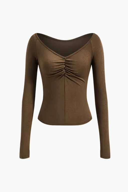 MICAS Long Sleeve Tops|Long Sleeves Tops-V-Neck Ruched Long-Sleeve Top BROWN
