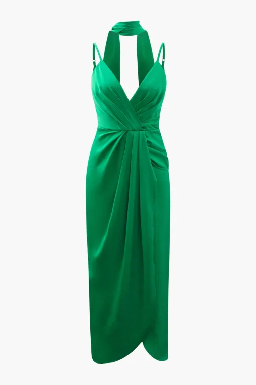 MICAS Midi Dresses-V-neck Satin Pleated Dress With Neck Scarf GREEN