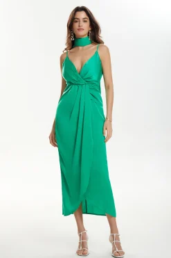 MICAS Midi Dresses-V-neck Satin Pleated Dress With Neck Scarf GREEN