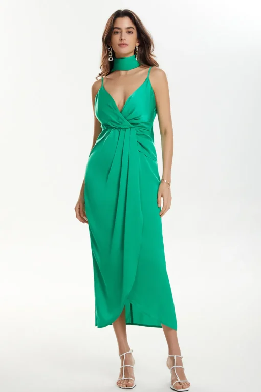 MICAS Midi Dresses-V-neck Satin Pleated Dress With Neck Scarf GREEN