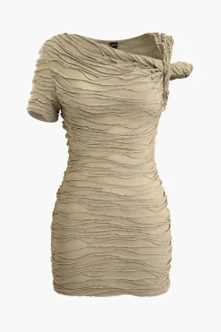 MICAS Mini Dresses-Wave Texture Twist Asymmetrical Mini Dress KHAKI