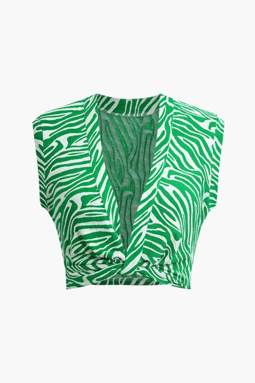 MICAS T-Shirts-Zebra Print V-neck Sleeveless T-shirt Contrast Color
